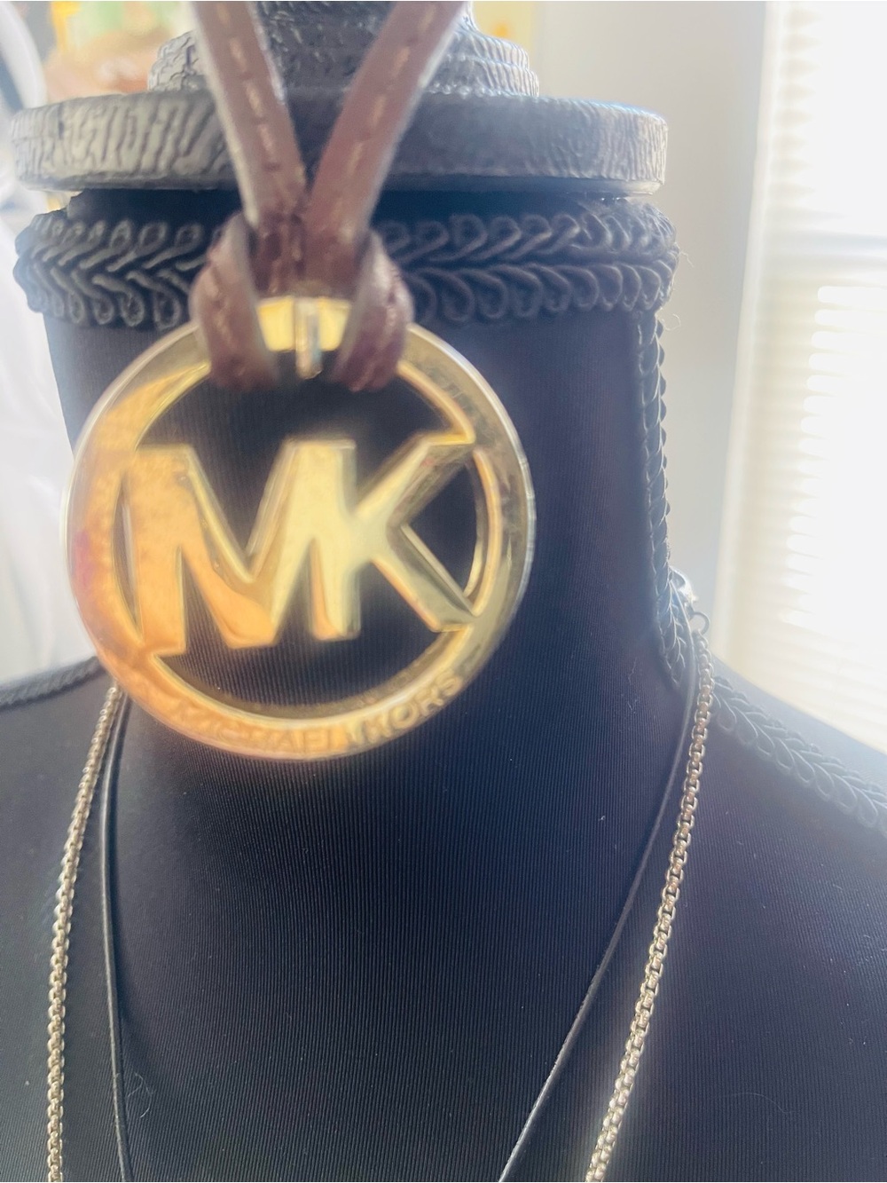 Vintage Michael Kors Gold-Tone MK Logo Pendant on Brown Cord